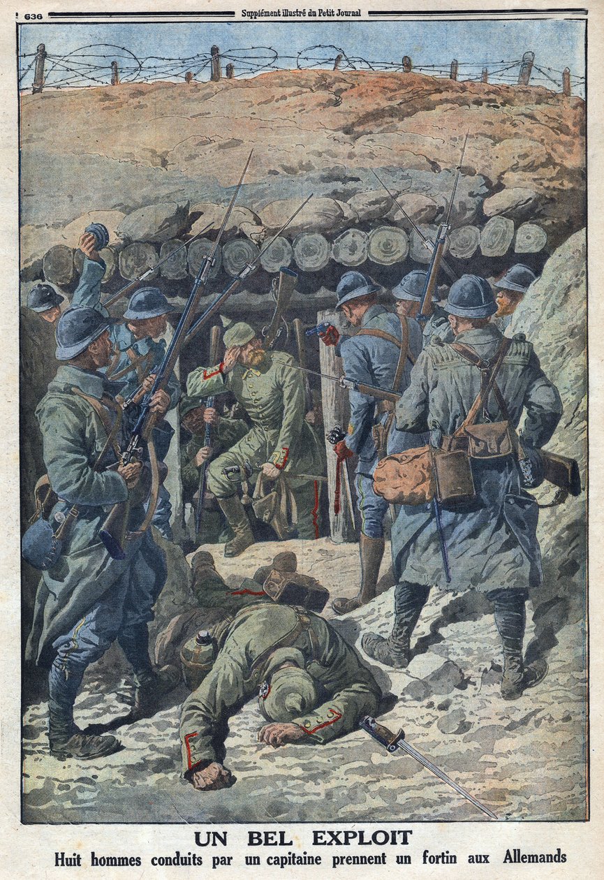 Første Verdenskrig 1914-1918 (Krig 14-18). Otte soldater fra den franske hær ledet af en kaptajn tog et fort fra tyskerne. I "" Le Petité Journal", den 3/09/1916. Privat samling af Anonymous Anonymous