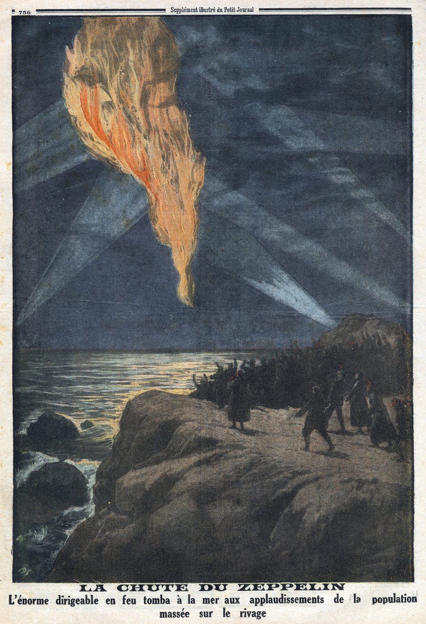 Første Verdenskrig 1914-1918 (Krig 14-18). Falder en zeppelin fra den brændende tyske hær, der vender tilbage fra et razzia i England. I "" Le Petite Journal"", den 17/12/1916. Privat samling af Anonymous Anonymous
