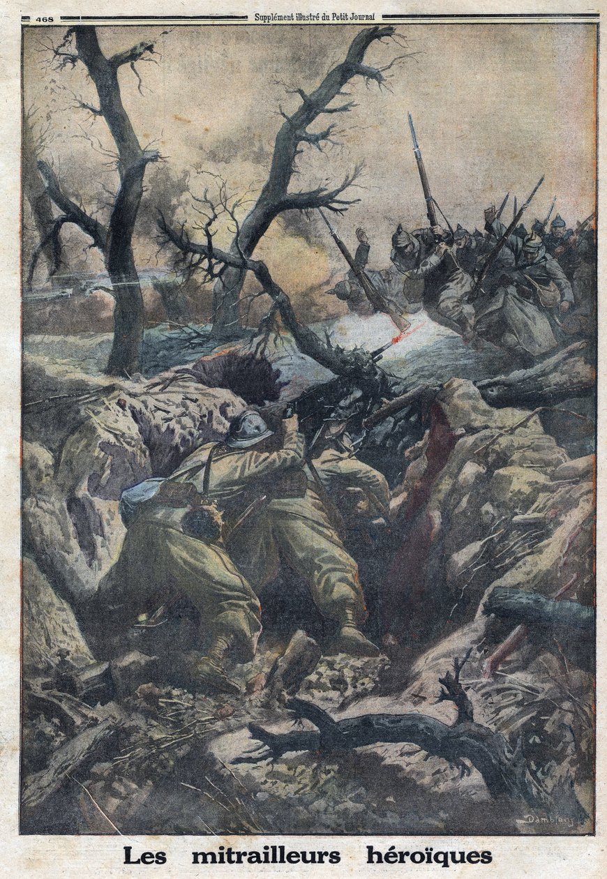 Første Verdenskrig 1914-1918 (Krig 14-18). Franske maskingeværere skyder mod tysk militærangreb. I "" Le Petite Journal"", den 9/04/1916. Privat samling af Anonymous Anonymous