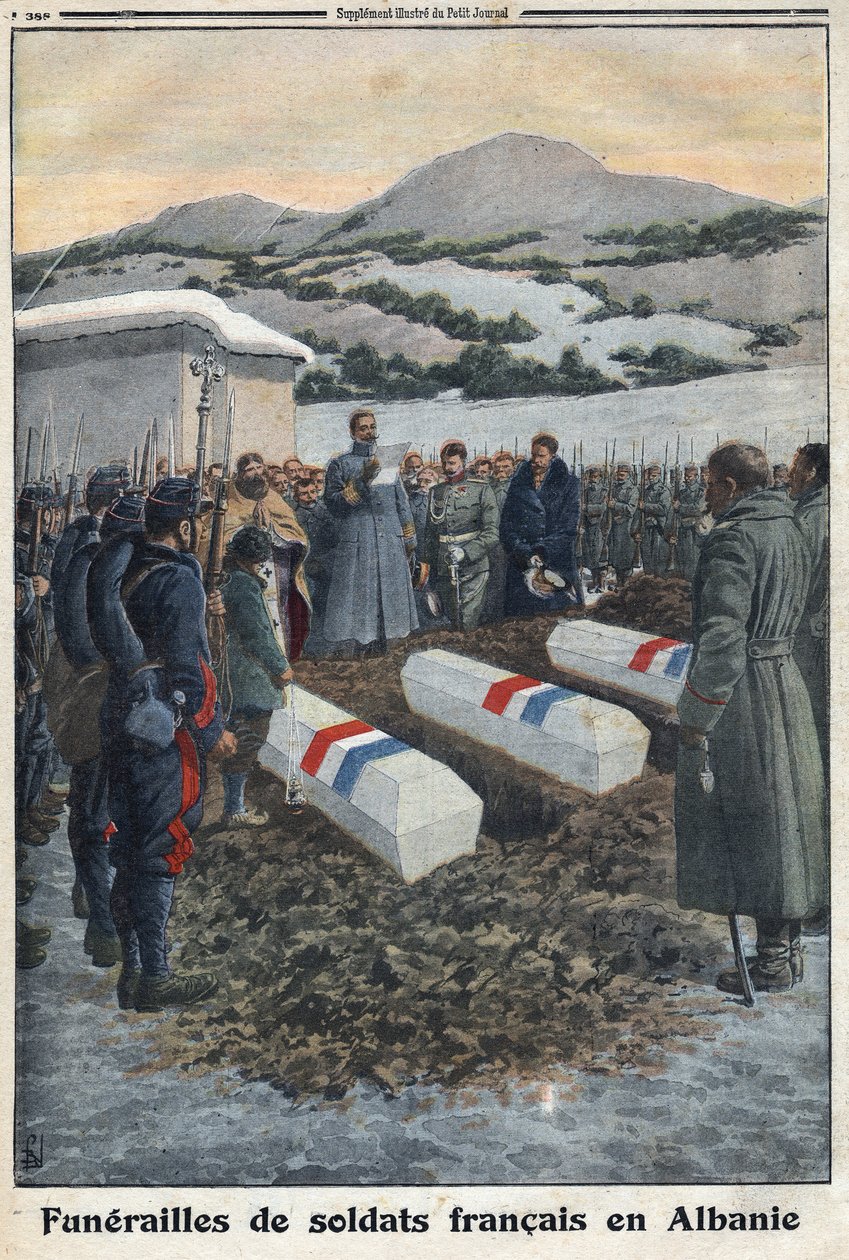 Første Verdenskrig 1914-1918 (Krig 14-18). Franske soldaters begravelse i Albanien. I "" Le Petite Journal" af Anonymous Anonymous