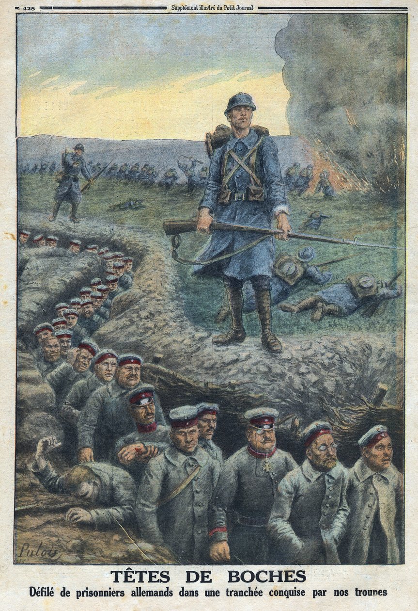Første Verdenskrig 1914-1918 (Krig 14-18). "" Hovedhoveder"": besmitter tyske fanger i en skyttegrav erobret af den franske hærs tropper. I "" Le Petité Journal"", den 5/03/1916. Privat samling af Anonymous Anonymous