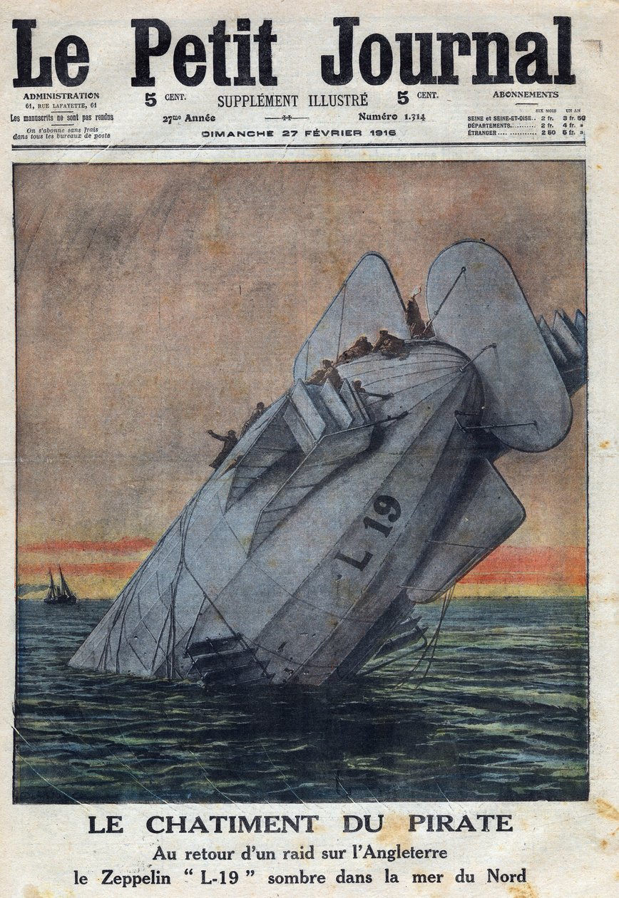 Første Verdenskrig 1914-1918 (Krig 14-18). Da et angreb på England vendte tilbage, fejlede Zeppelin L-19 fra det tyske luftvåben i Nordsøen. I "" Le Petite Journal"", den 27/02/1916. Privat samling af Anonymous Anonymous