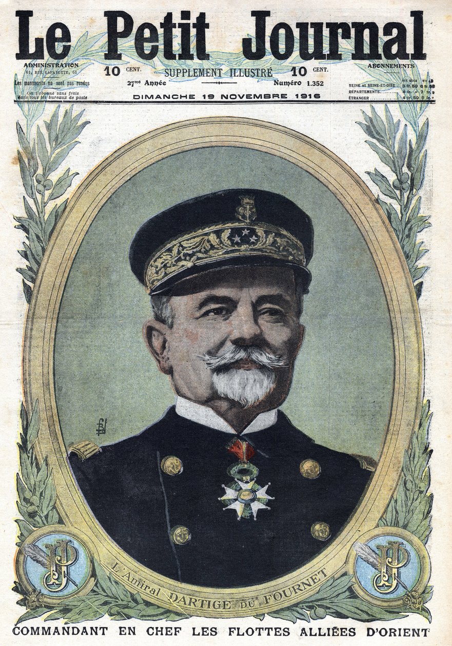 Første Verdenskrig 1914-1918 (Krig 14-18). Portræt af admiral Dartige du Fournet øverstbefalende for de allierede flåder i Orienten. I "" Le Petite Journal"", den 19/11/1916. Privat samling af Anonymous Anonymous