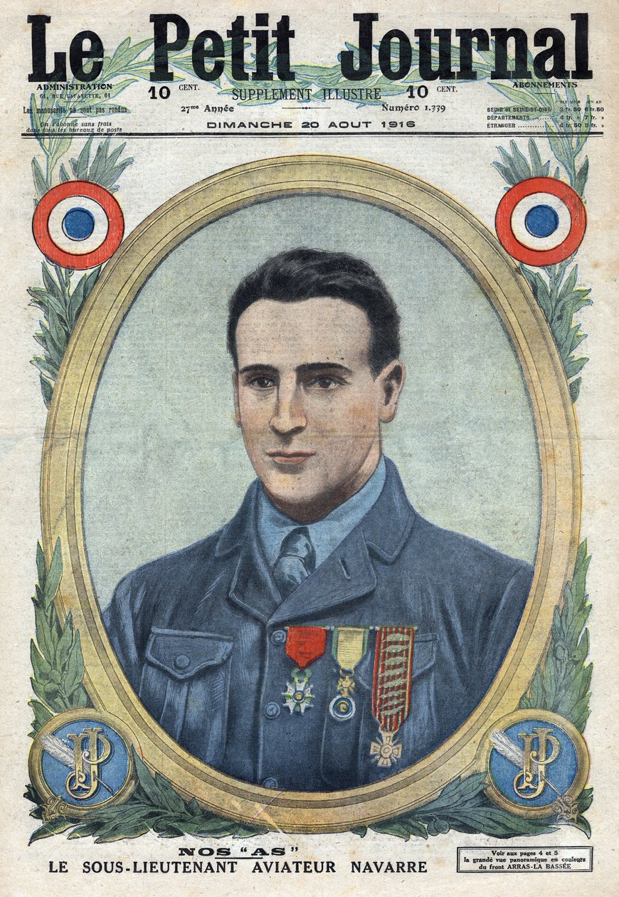 Første Verdenskrig 1914-1918 (Krig 14-18). Portræt af Jean Navarre (1895-1919), flyver fra den franske hær. I "" Le Petité Journal" af Anonymous Anonymous