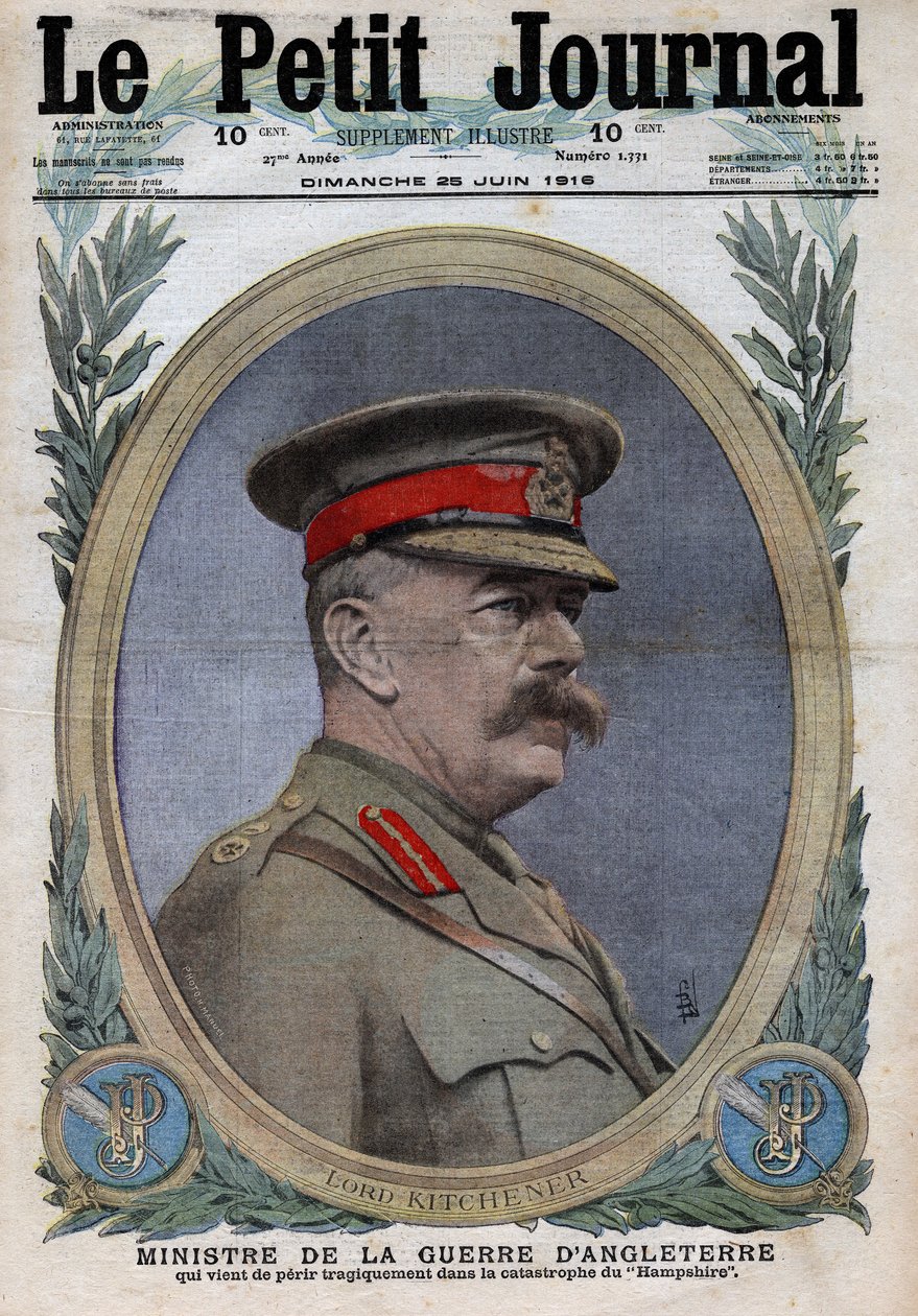 Første Verdenskrig 1914-1918 (Krig 14-18). Portræt af krigsministeren i England Horatio Herbert Kitchener (1850-1916). I "" Le Petite Journal"", den 25/06/1916. Privat samling af Anonymous Anonymous