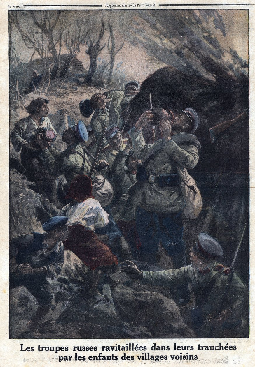 Første Verdenskrig 1914-1918 (Krig 14-18). Russiske militærtropper tanket op i deres skyttegrave af børn fra nabolandsbyer. I "" Le Petite Journal"", den 02/04/1916. Privat samling af Anonymous Anonymous