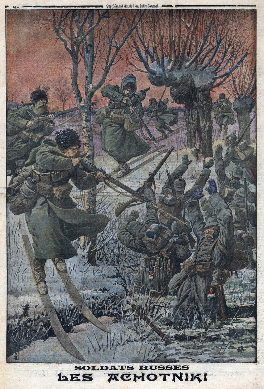Første Verdenskrig 1914-1918 (Krig 14-18). Russiske soldater Ahotniki på ski skyder tyske soldater. I "" Le Petite Journal"", den 23/01/1916. Privat samling af Anonymous Anonymous
