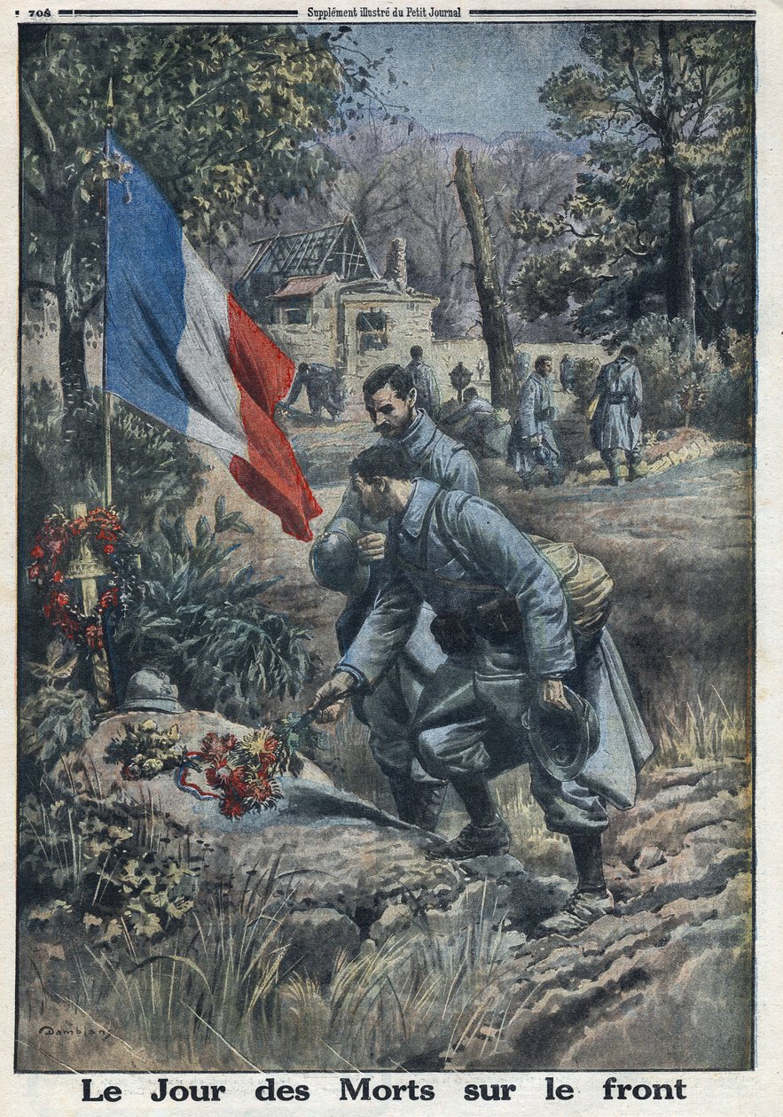 Første Verdenskrig 1914-1918 (Krig 14-18). De dødes dag på fronten: Soldater på allehelgensdag blomstrer de faldne soldaters grav. I "" Le Petite Journal"", den 5/11/1916. Privat samling af Anonymous Anonymous