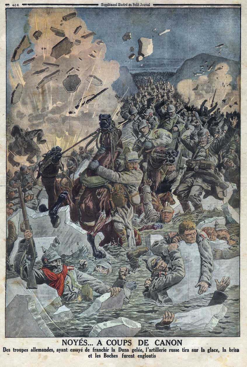 Første Verdenskrig 1914-1918 (Krig 14-18). Den tyske hær forsøger at krydse floden Duna gele, men det russiske artilleri skød på isen med en pistol og druknede den tyske hær (med tilnavnet Boche i teksten) I "" The Petity Journal"" af Anonymous Anonymous