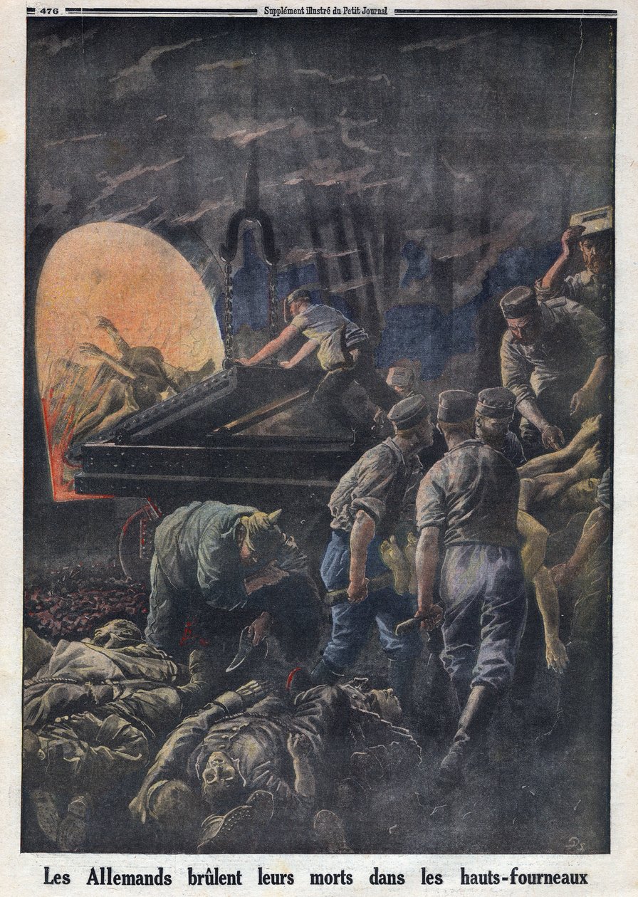 Første Verdenskrig 1914-1918 (Krig 14-18). Tyskerne brænder døde soldater i ovnene. I "" Le Petite Journal"", den 23/04/1916. Privat samling af Anonymous Anonymous