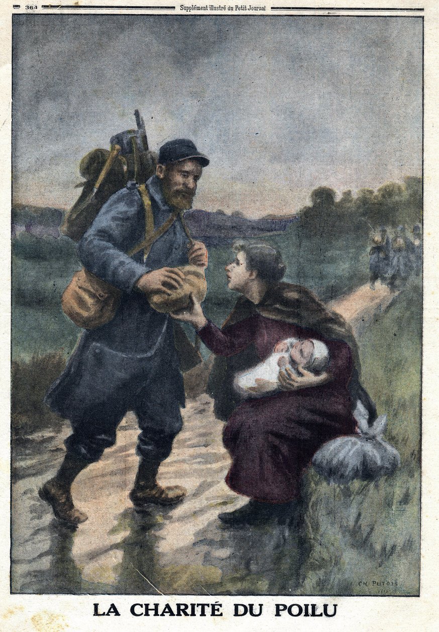 Første Verdenskrig 1914-1918 (Krig 14-18). De behåredes velgørenhed: en fransk soldat på en sti stopper for at tilbyde brød til en kvinde alene med sin baby. I "" Le Petite Journal"", den 9/01/1916. Privat samling af Anonymous Anonymous
