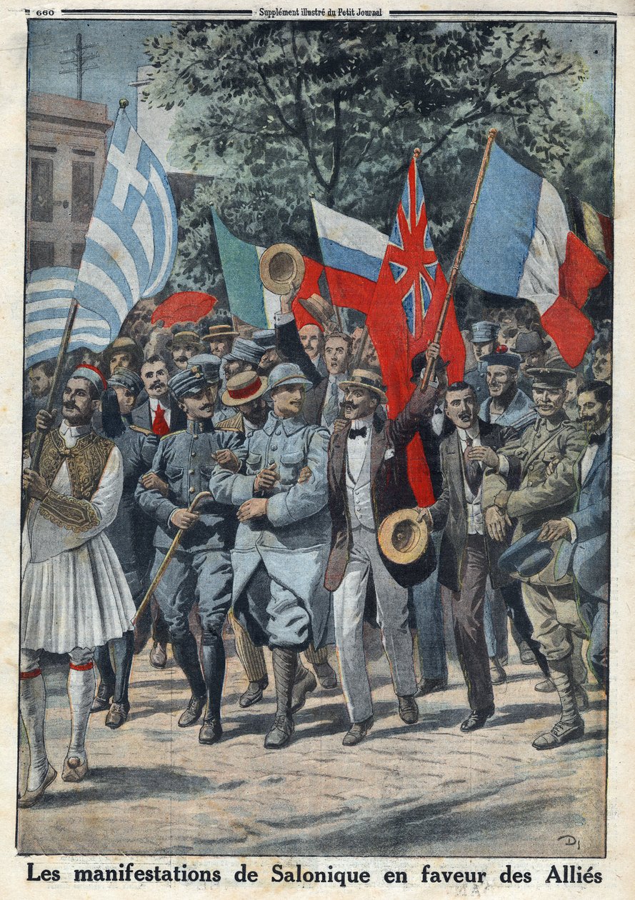 Første Verdenskrig 1914-1918 (Krig 14-18). Protesterne i Saloniki (eller Thessaloniki i Grækenland) til fordel for allierede. I "" Le Petite Journal"", den 24/09/1916. Privat samling af Anonymous Anonymous