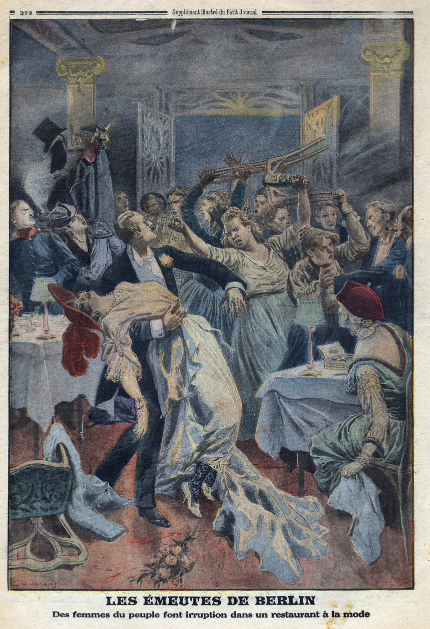 Første Verdenskrig 1914-1918 (Krig 14-18). Folkets kvinder bryder ind på en fashionabel restaurant og kræver deres mænds tilbagevenden. I "" Le Petite Journal"", den 16/01/1916. Privat samling af Anonymous Anonymous