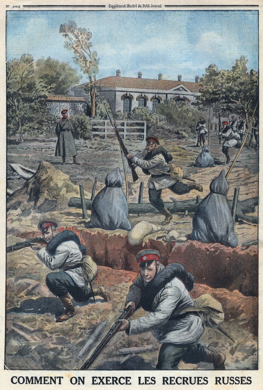 Første Verdenskrig 1914-1918 (Krig 14-18). Træning af unge soldater rekrutteret af den russiske hær. I "" Le Petite Journal"", den 30/04/1916. Privat samling af Anonymous Anonymous