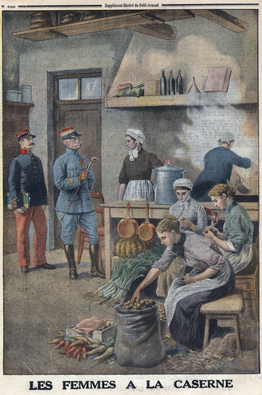 Første Verdenskrig 1914-1918 (Krig 14-18). Kvinder laver mad i kasernekøkkenerne. Tre kokke i kartoffel corvee, skræl kartoflerne. I "" Le Petite Journal"", den 7/05/1916. Privat samling af Anonymous Anonymous