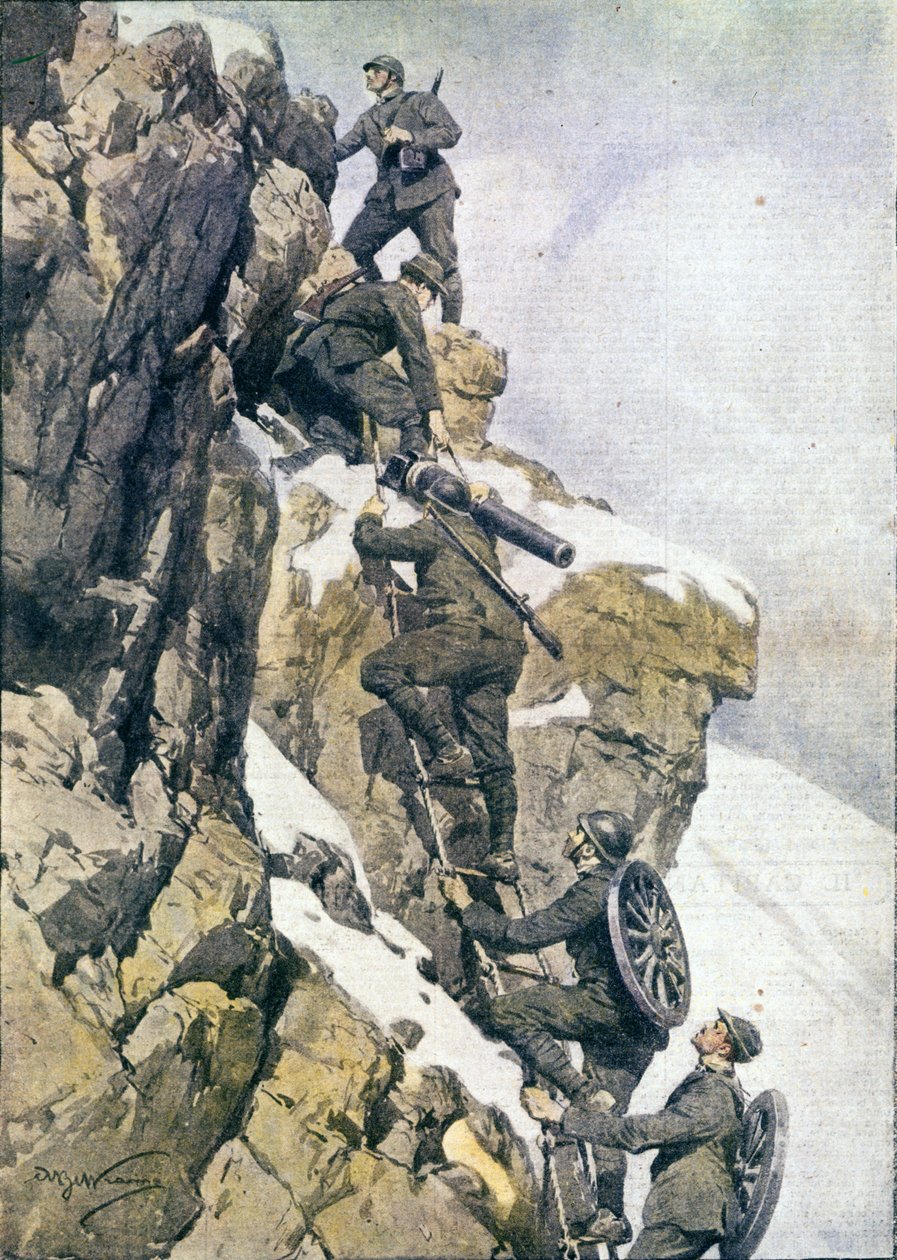 Første Verdenskrig: "" Italienske alpine jægere (alpino eller alpini) med materiale på toppen af de italienske alper af Anonymous Anonymous