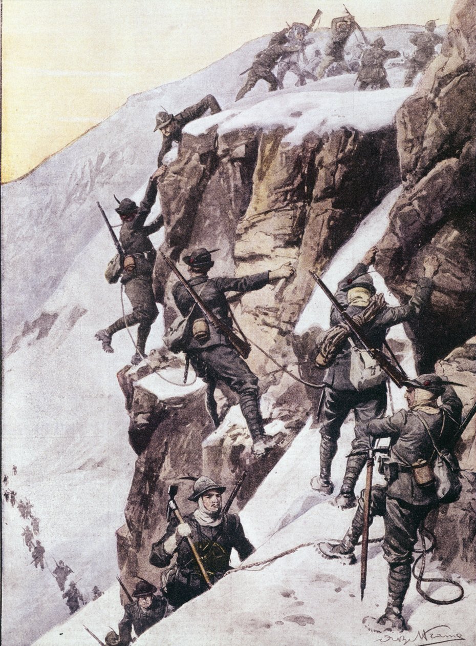 Første Verdenskrig: Italienske alpine jægere (alpino eller alpini) bestiger toppen af Tuckettspitze (Tuckett-Spitze eller Tuckett-toppen), Alperne omkring 1915 Illustration fra "La domenica del corriere"" af Anonymous Anonymous