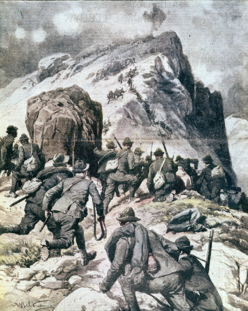 Første Verdenskrig: "" Italienske alpine jægere (alpino eller alpini) klatrer til toppen af Cauriol, italienske alper"" 1916 Illustration fra "La domenica del corriere"" af Anonymous Anonymous