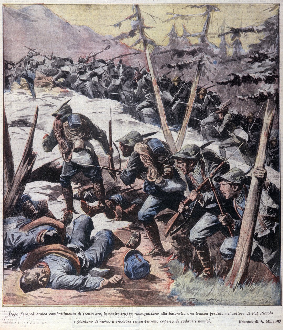 Første Verdenskrig: "" Italienske alpine jægere (alpino eller alpini) tager tilbage fra fjender Pal Piccolo, italienske alper"" 1916 Illustration fra "La domenica del corriere"" af Anonymous Anonymous