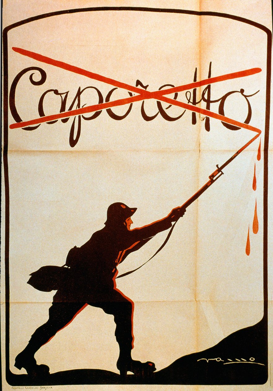 Første Verdenskrig: plakat udgivet i anledning af Caporettos nederlag (eller slaget ved Karfreit) i slutningen af oktober 1917, der repræsenterer en soldat fra den italienske hær, der fjernede navnet "Caporetto" fra spidsen af sin baonette. Illustrator ikk af Anonymous Anonymous