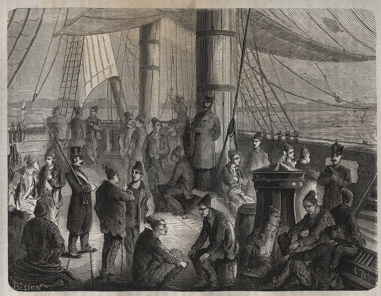 Første konvoj af styrker fra Toulon til Cayenne (Guyana) i henhold til dekretet af 8. december 1851. Indgravering i "Historien om fangerne fra deres skabelse til i dag" (1877) af Pierre Zaccone (1817-1895) (Colonia Penale - Penal) koloni). Privat samling. af Anonymous Anonymous