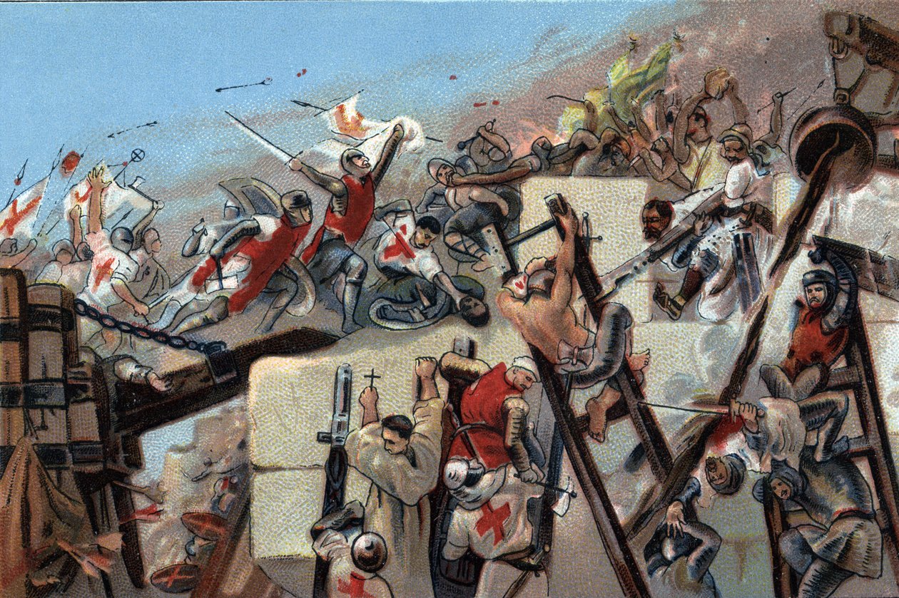 Første korstog (1096-1099): erobringen af Jerusalem af krydstogter ledet af Godefroy (Godefroi) af Bouillon (1061-1100) den 15. juli 1099. Reklamekromolitografi af Antoine-chokolader i Bruxelles, begyndelsen af det 20. århundrede. Privat samling af Anonymous Anonymous