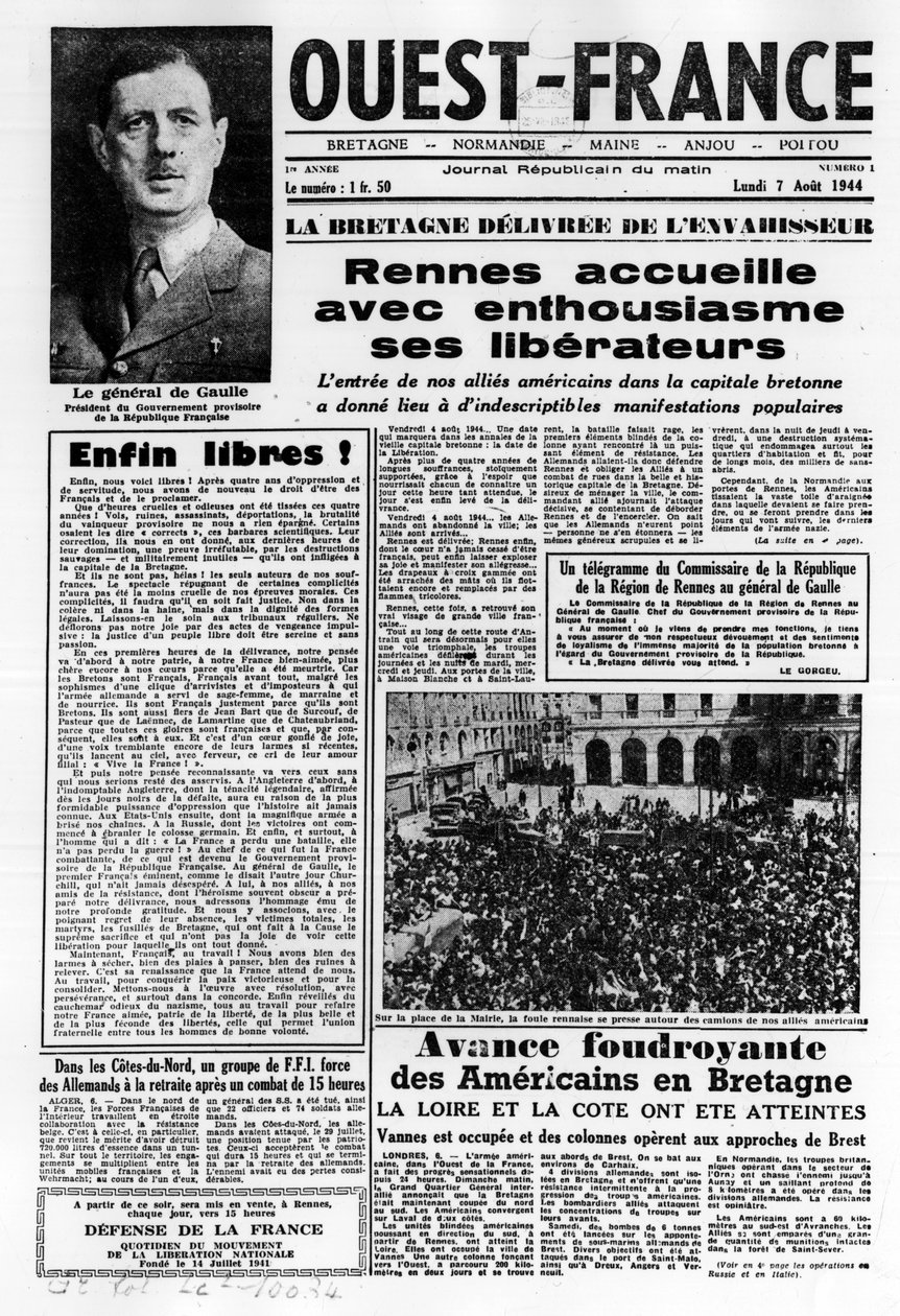 Første nummer af Vestfrankrig fra 7. august 1944: La La La La Liberation i det vestlige Frankrig og General de Gaulle - fotografi, B.N. af Anonymous Anonymous