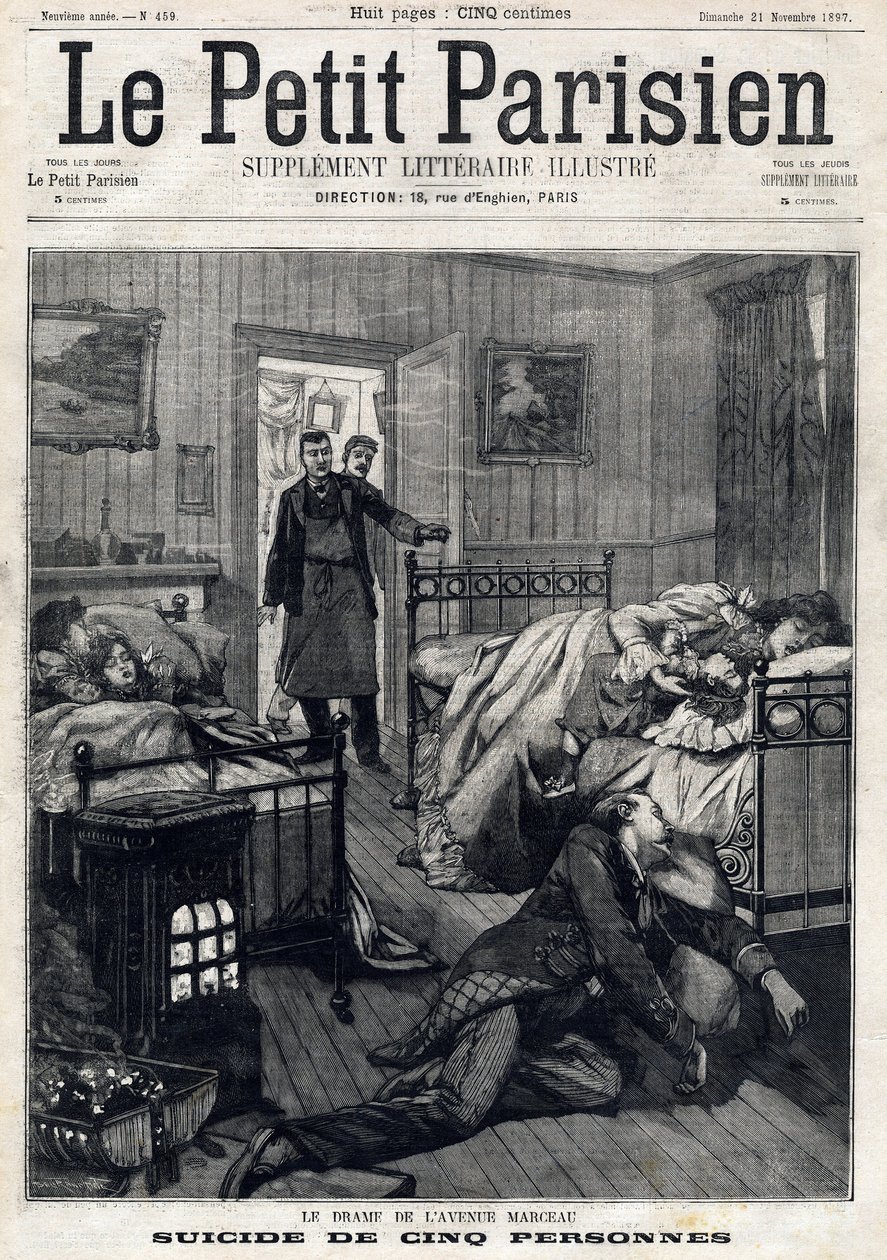 Fem selvmord på Avenue Marceau i Paris. I "" Le Peute Parisien"" den 21/11/1897. Privat samling af Anonymous Anonymous
