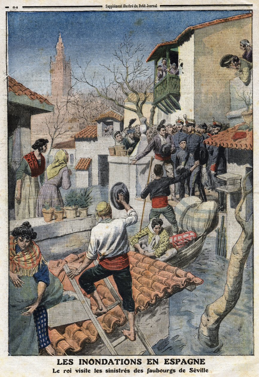 Oversvømmelser i Spanien: Kong Alfonso XIII (1886-1941) besøger de skumle forstæder til Sevilla. Indgravering i "" Le Petite Journal"", den 25/02/1912. Privat samling. af Anonymous Anonymous