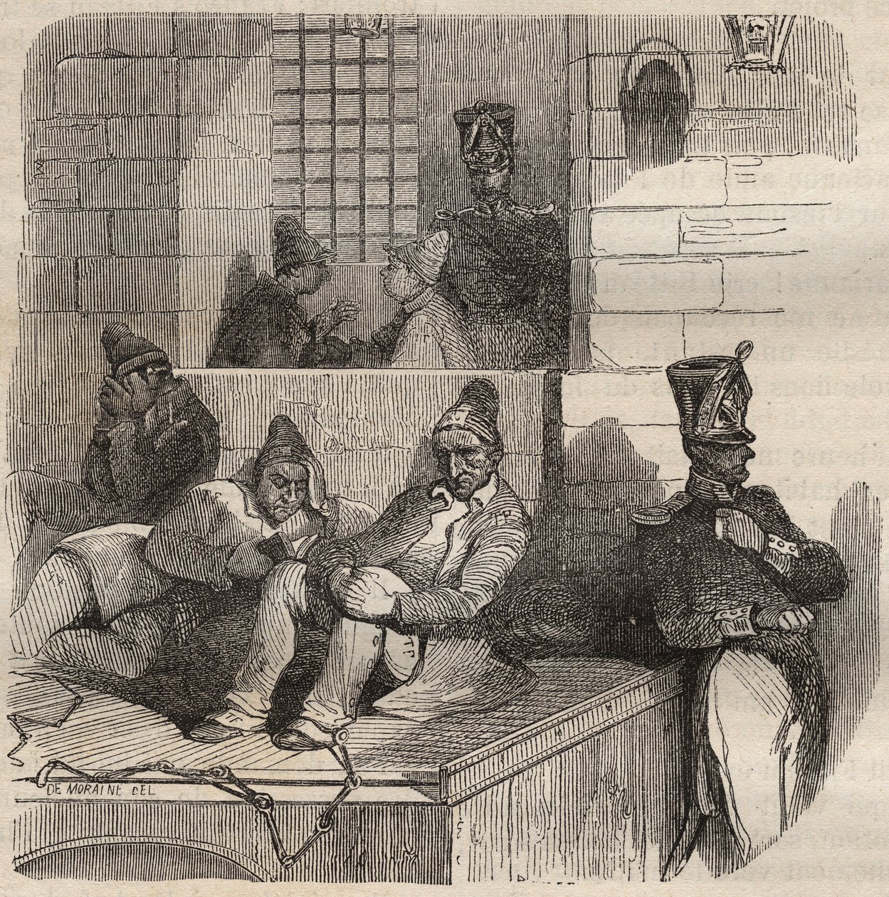 Tvunget til hvile i Rochefort-fængslet i det 19. århundrede. Indgravering i "Historien om fængslerne fra deres skabelse til i dag"" (1877) af Pierre Zaccone (1817-1895) (Colonia Penale - Straffekoloni) af Anonymous Anonymous