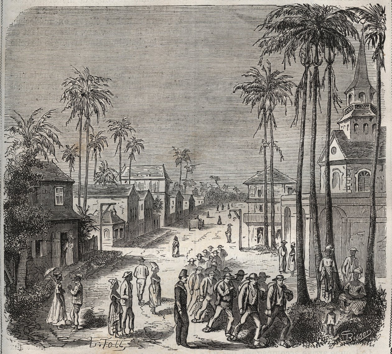 Forkatte, der går på arbejde på fængsel Saint-Laurent (Saint-Laurent) i Cayenne (Fransk Guyana) i det 19. århundrede. Indgravering i "Historien om fængslerne fra deres skabelse til i dag"" (1877) af Pierre Zaccone (1817-1895) (Colonia Penale - Straffekolon af Anonymous Anonymous