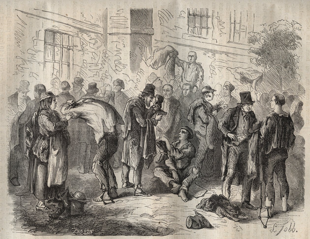 Forkatte, der sælger deres ejendele, før de gik ind i Toulon Bagne i det 19. århundrede. Indgravering i "Fangernes historie fra deres skabelse til i dag"" (1877) af Pierre Zaccone (1817-1895) (Colonia Penale - Straffekoloni). Privat samling. af Anonymous Anonymous