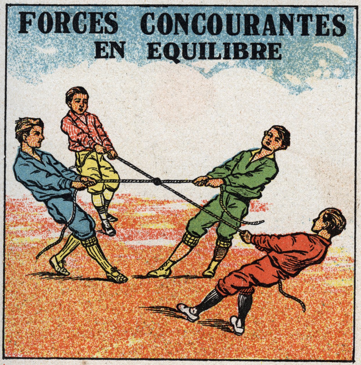 Kræfter: konkurrerende kræfter i balance. Børn trækker i en ring, hver i et reb fra deres side, mens de forbliver i balance. Anonym illustration fra 1925. Privat samling. af Anonymous Anonymous