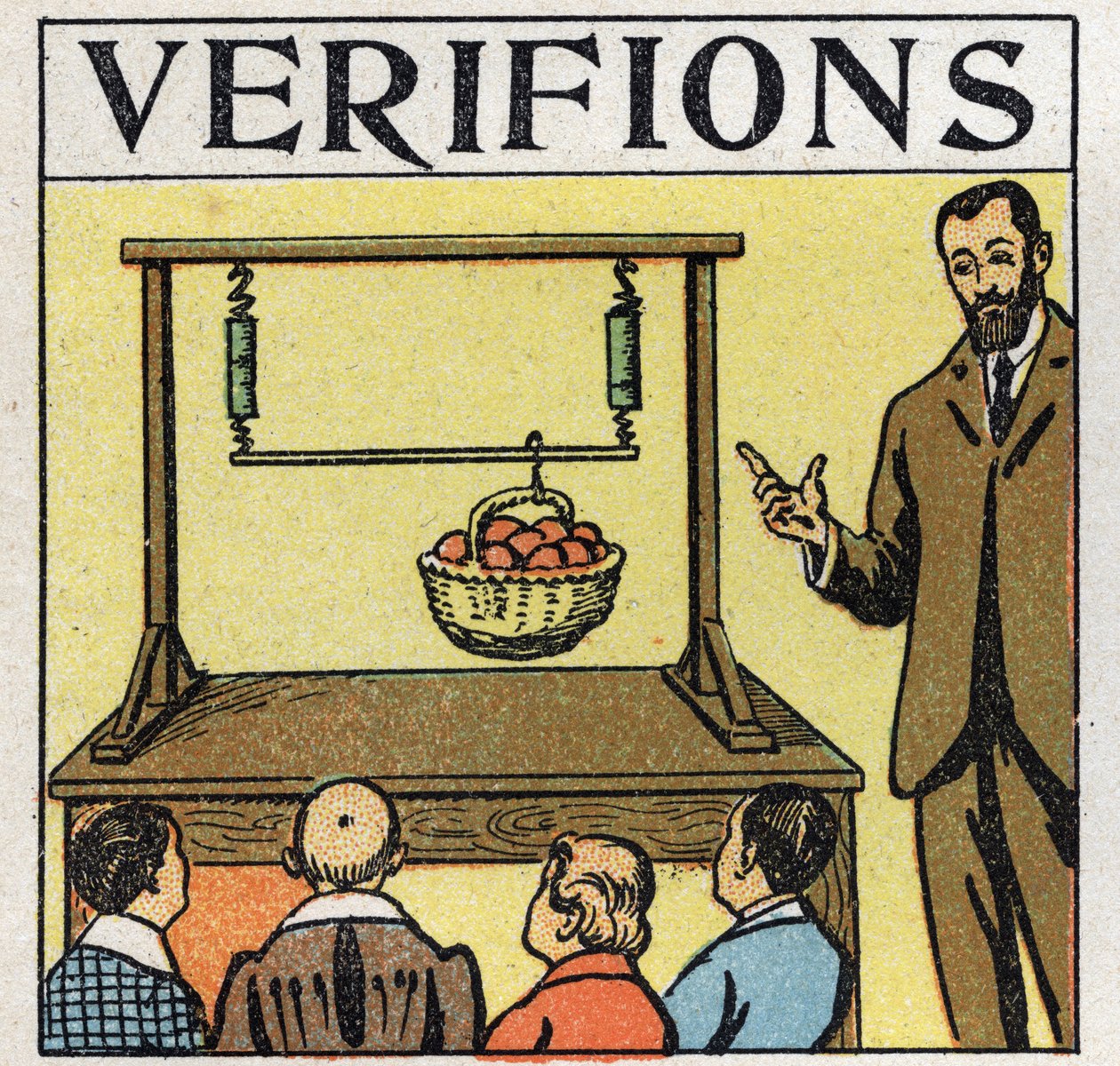 Kræfter: parallelle kræfter. Kurv med æbler løfter med en stang holdt af to fjedre. Anonym illustration fra 1925. Privat samling. af Anonymous Anonymous