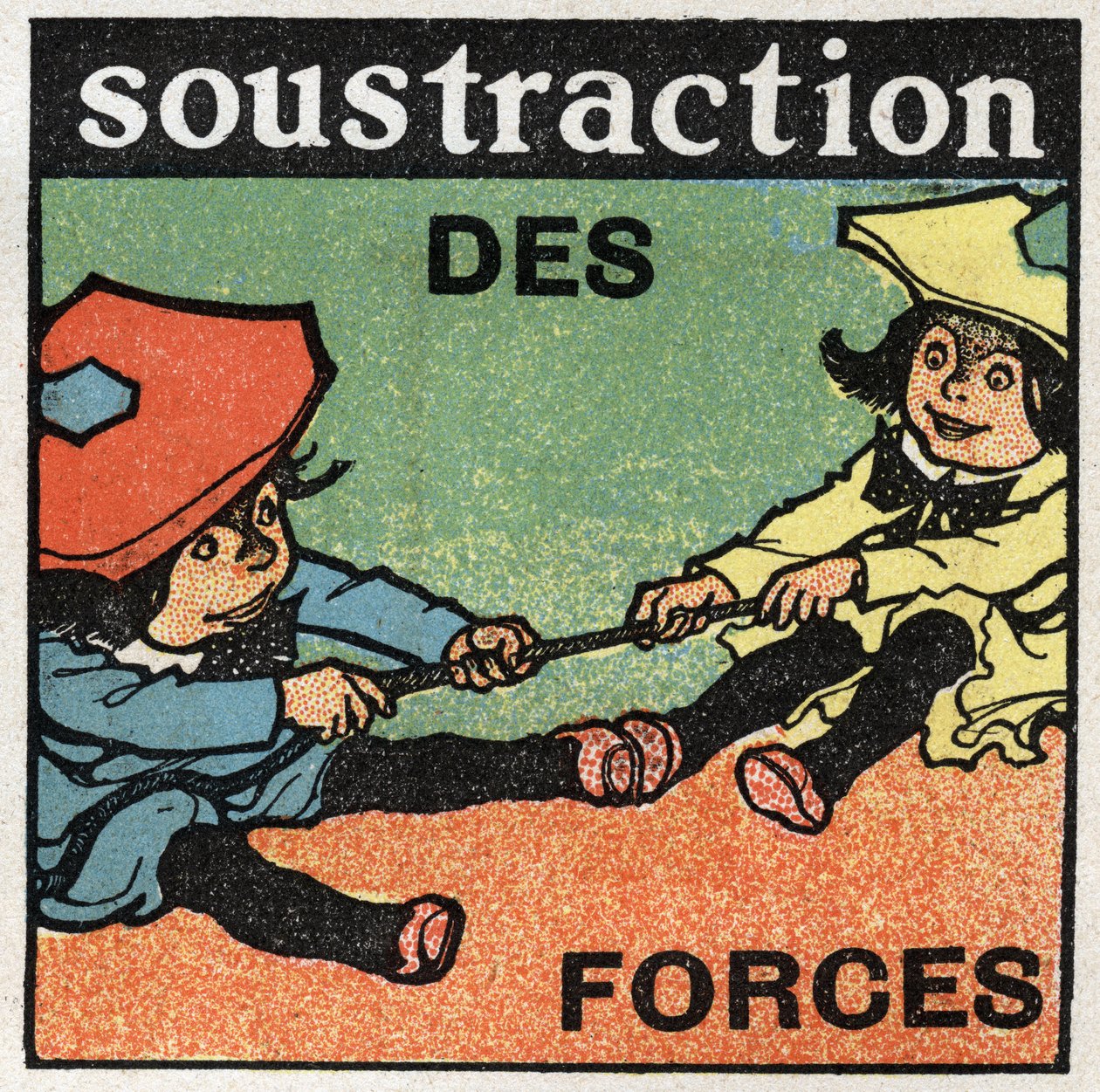 Kræfter: subtraktion af kræfter. To børn trækker i et reb. Anonym illustration fra 1925. Privat samling. af Anonymous Anonymous