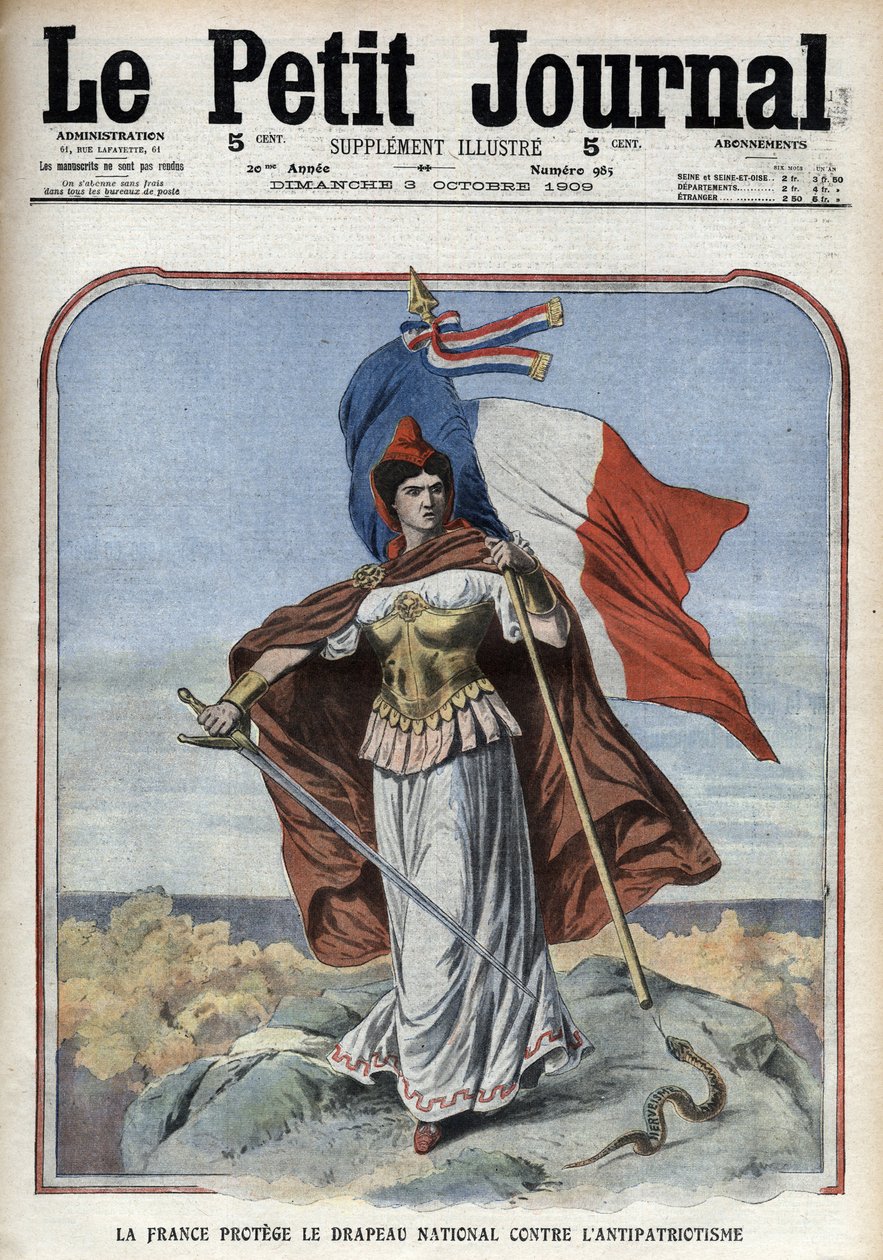Frankrig (Marianne) beskytter det nationale flag mod anti-patriotisme - "" Le Petit Journal"" fra oktober 1909 af Anonymous Anonymous