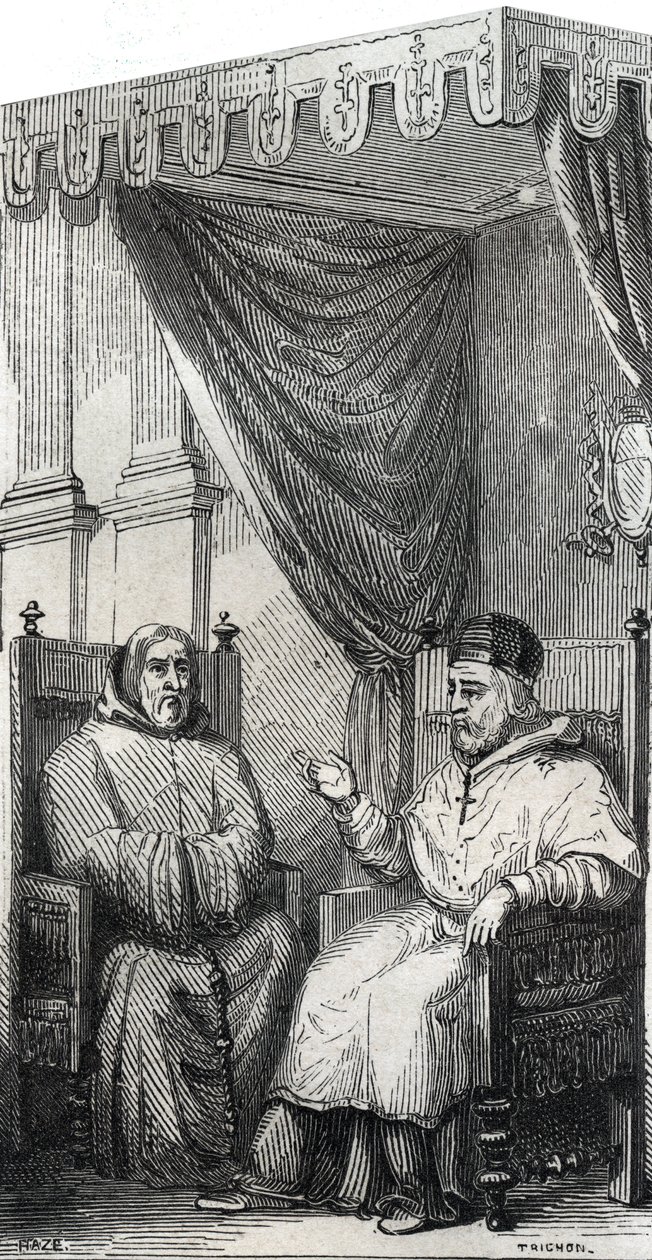 Frans af Paola grundlægger af den romersk-katolske minimerorden og pave Sixtus IV - Saint Francois de Paule (Francesco di Paola) (1416-1507), grundlægger af Minimesordenen med pave Sixtus IV - Indgravering af 1846 i "Lives of the Hellige””. Privat indsamli af Anonymous Anonymous