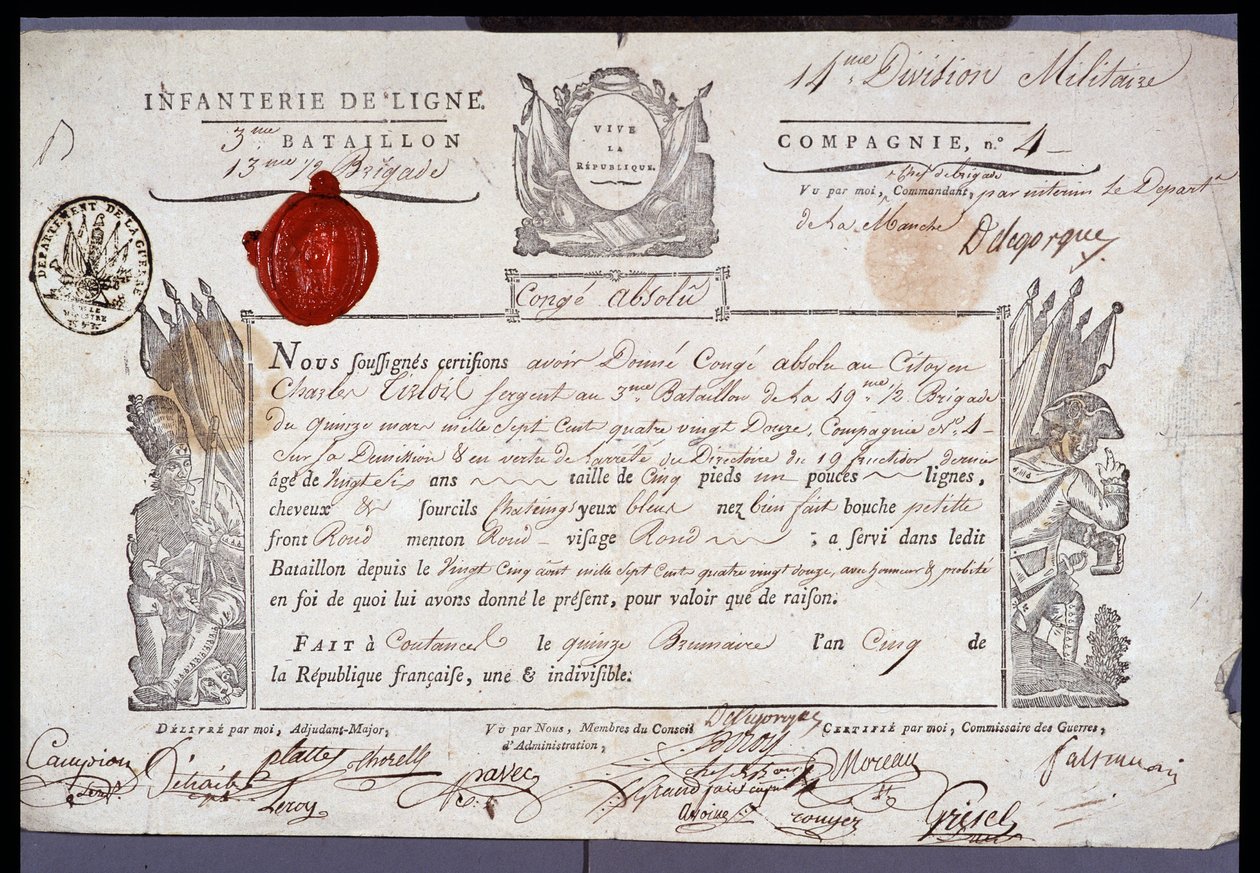 Den Franske Revolution: officielt dokument af militær conge dateret 15. Brumaire år V (05/11/1796) af en sergent fra Coutances-distriktet. Nord Lilles afdelingsarkiv af Anonymous Anonymous