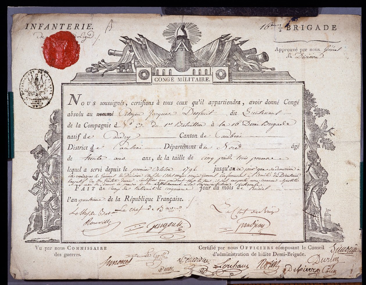Den Franske Revolution: officielt dokument af militær conge dateret 5 Prairial år IV (24/05/1796) af en løjtnant fra brigaden i distriktet Cambrai. Nord Lilles afdelingsarkiv af Anonymous Anonymous