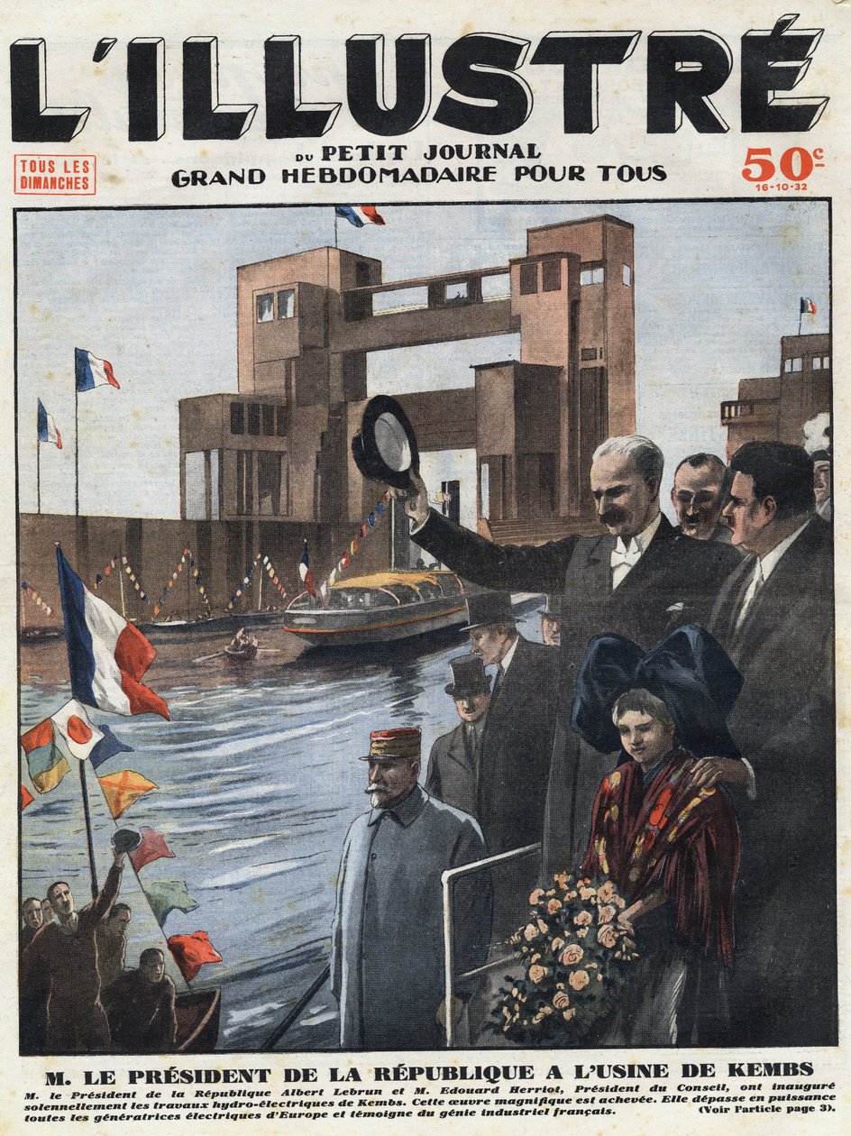 Fransk industri: Albert Lebrun (1871-1950), præsident for republikken og Edouard Herriot (1872-1957), formand for rådet indviede vandkraftværket Kembs i Haut-Rhin (Haut Rhin) i Alsace. Overskriftsgravering af "" L