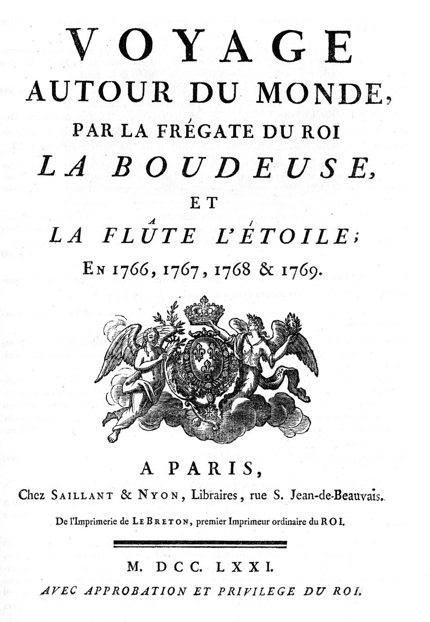 Frontispice fra 1771 af bogen "" Reise Jorden rundt af Kongens Fregat La Boudeuse og fløjten L
