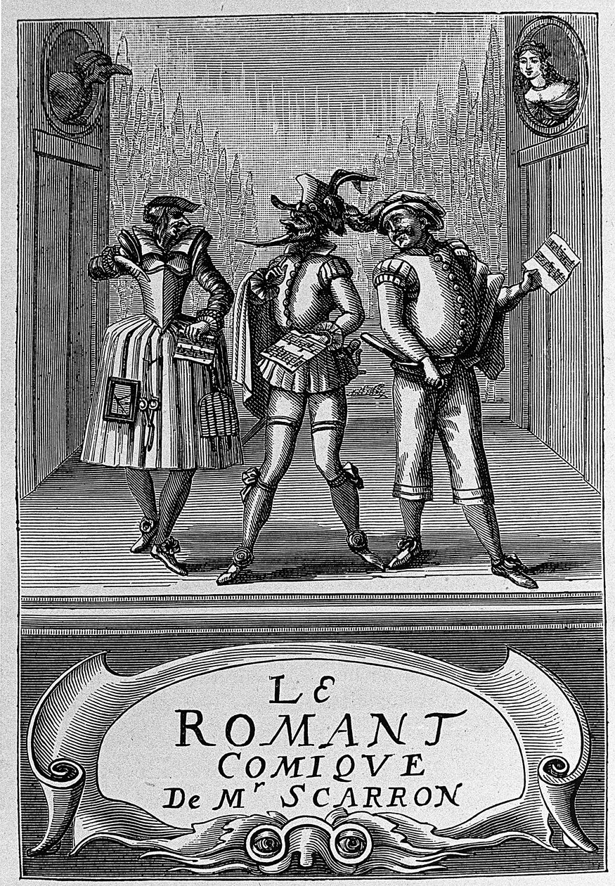 Frontispice af bogen "The Comic Roman" af Paul Scarron (1610-1660), fransk forfatter. Stik af det 18. århundrede. af Anonymous Anonymous