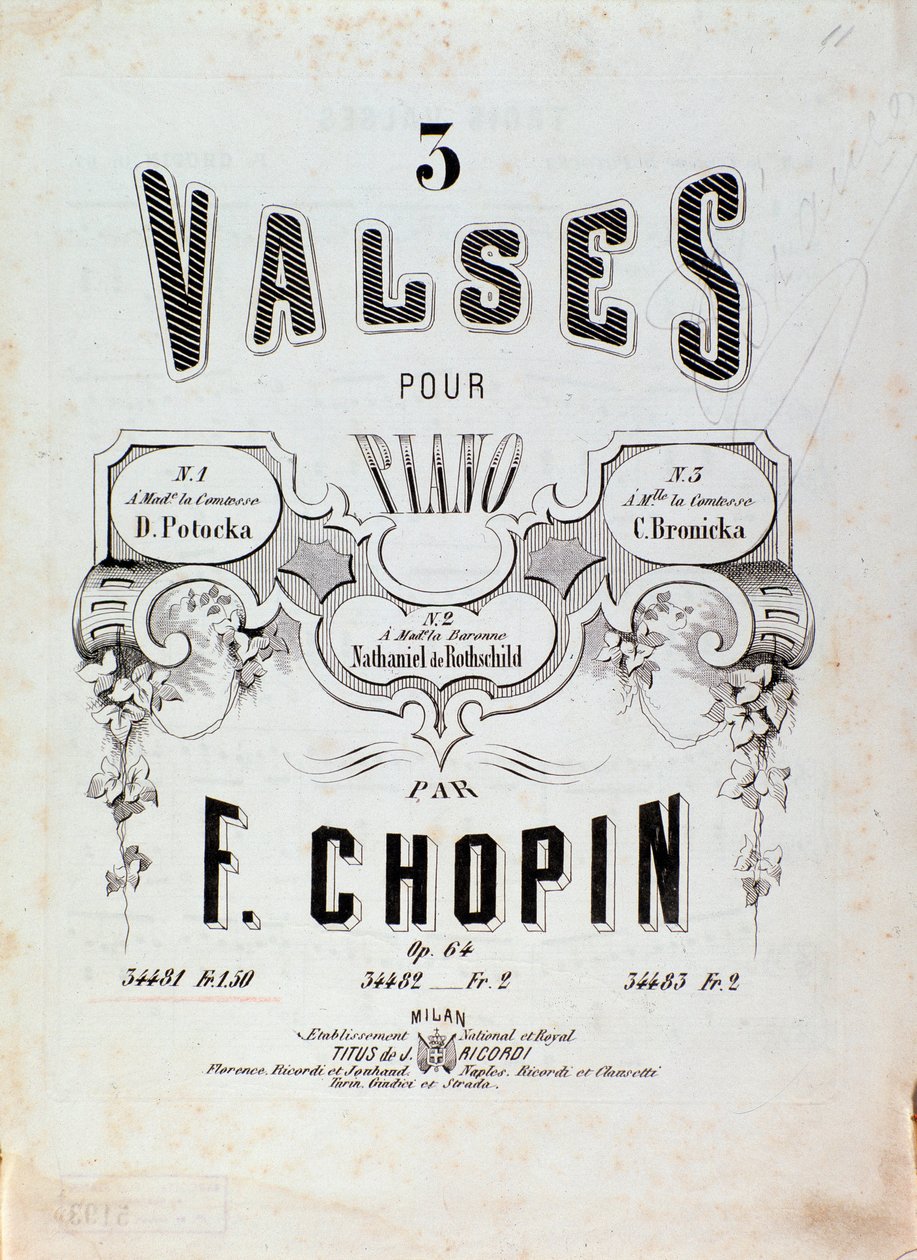 Frontispice af partituret til "3 valse for klaver" af Frederic Chopin (1810-1849) 1800-tallets privatsamling af Anonymous Anonymous