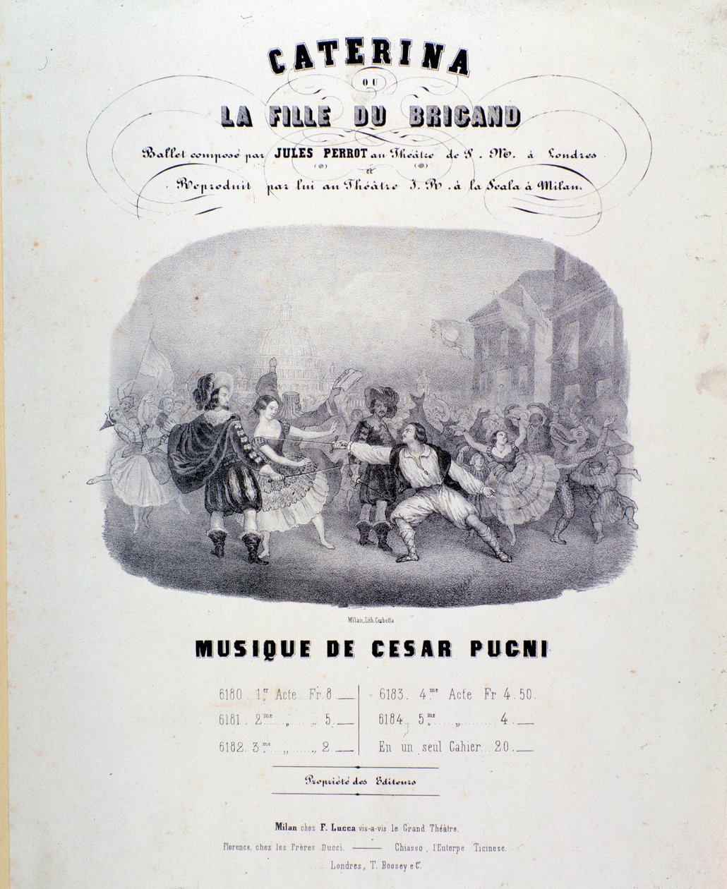 Frontispice til det musikalske partitur af Catarina eller bandittens datter af Pugni til repræsentationen ved Teatro alla Scala (1847) af Anonymous Anonymous