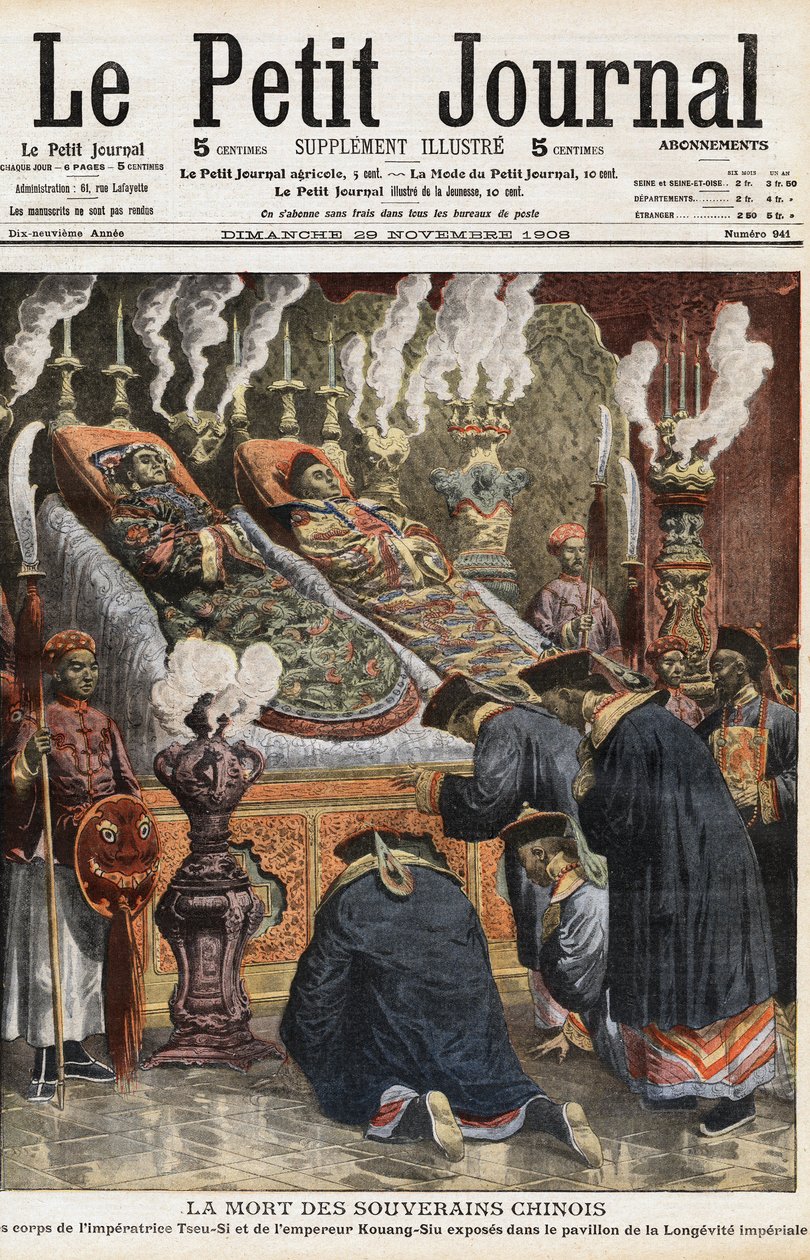 Begravelse af kinesiske herskere: Ligene af imperator af Kina Yehenara, kejserinde Xiao Ding Jing (1868 - 1913) og kejser Guangxu eller Kuang-Siu (Kouang Siu), kejser af Kina fra Qing-dynastiet (1872-1908) udstillet i pavillonen af den imperiale longevite. af Anonymous Anonymous