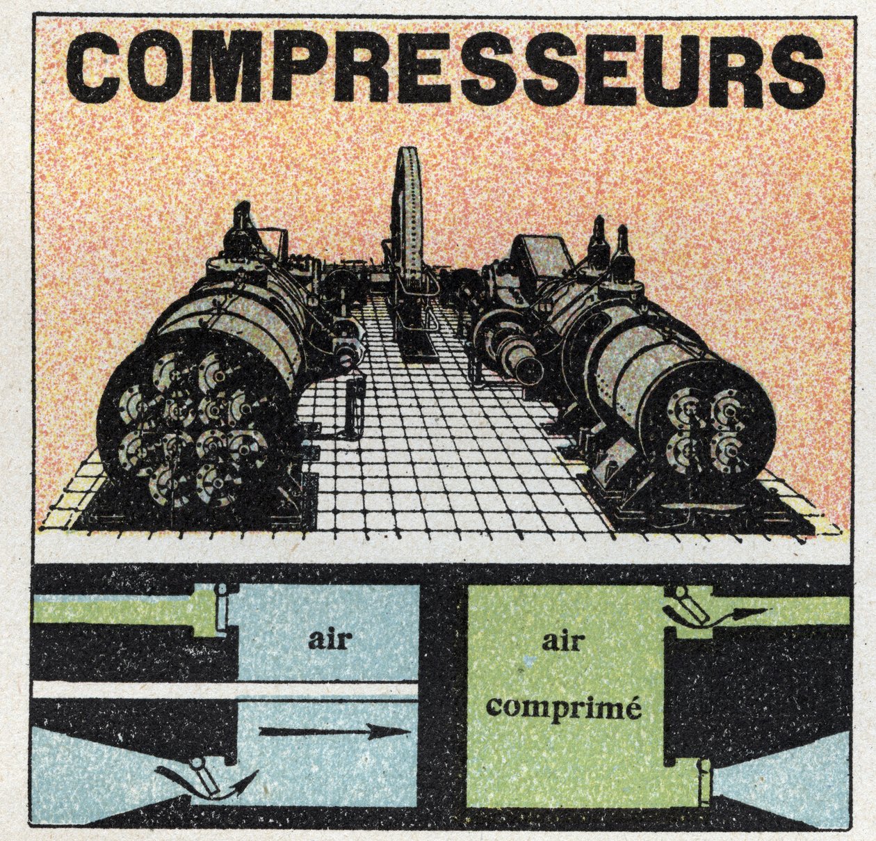 Gastryk: kompressorer. Anonym illustration af 1925. Privat samling. af Anonymous Anonymous