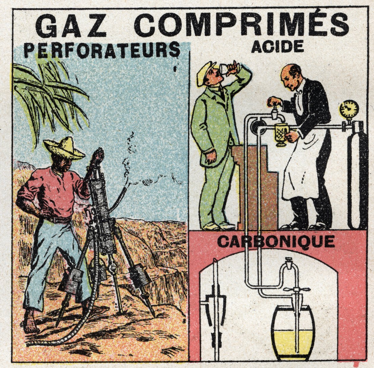 Gastryk: Gasspande, der bruges til trykluftbor og til fremstilling af øl. Anonym illustration fra 1925. Privat samling. af Anonymous Anonymous