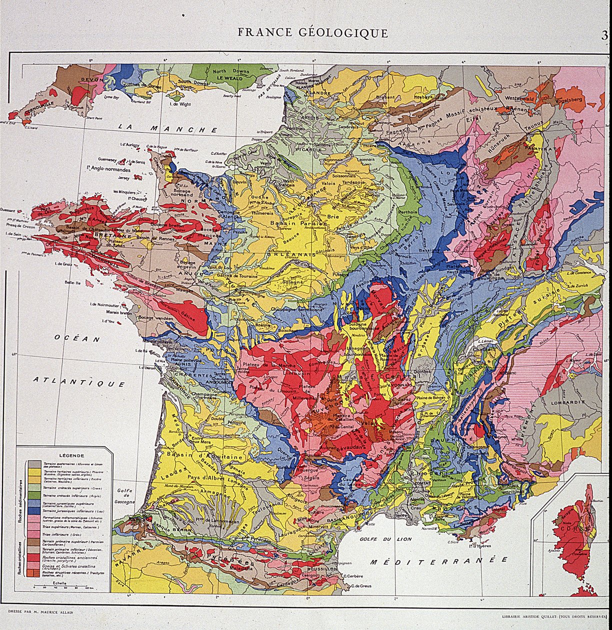 Geografisk kort: Geologisk Frankrig - Atlas fra 1950