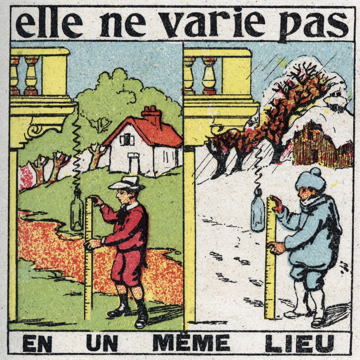 Kornethed: det varierer ikke ét sted. Et barn, der måler tyngdekraften med en fjeder samme sted sommer og vinter. Anonym illustration fra 1925. Privat samling. af Anonymous Anonymous
