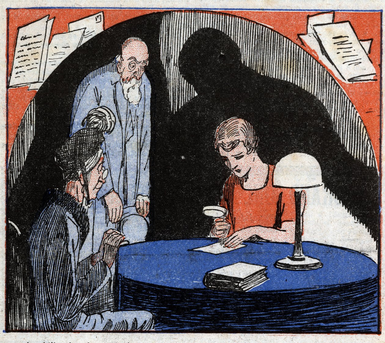 Grafologi: en grafolog, konsulteret af et gammelt ægtepar, læser med et forstørrelsesglas en persons håndskrevne skrift for at udlede psykologiske træk. Indgravering i "" Le Petite Journal illustrious"" 1926. Privat samling. af Anonymous Anonymous